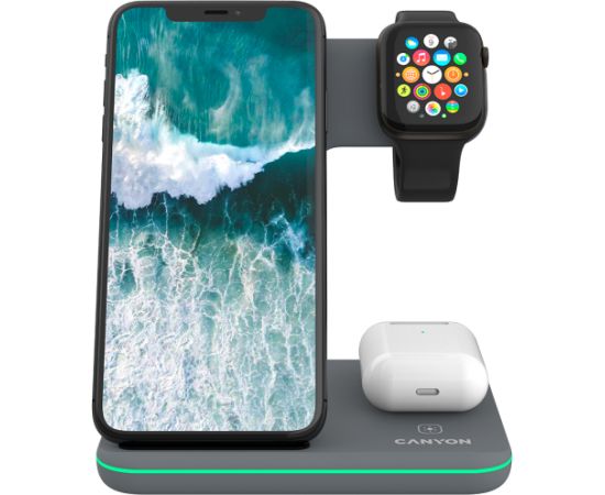 CANYON WS-303, 3in1 Wireless charger, with touch button for Running water light, Input 9V/2A, 12V/2A, Output 15W/10W/7.5W/5W, Type c to USB-A cable length 1.2m, 137*103*140mm, 0.22Kg, Dark Grey