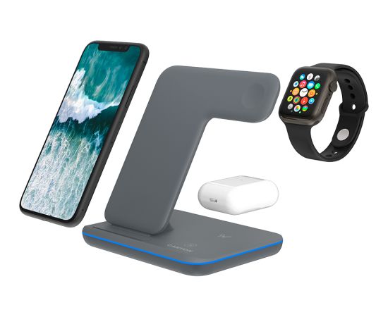 CANYON WS-303, 3in1 Wireless charger, with touch button for Running water light, Input 9V/2A, 12V/2A, Output 15W/10W/7.5W/5W, Type c to USB-A cable length 1.2m, 137*103*140mm, 0.22Kg, Dark Grey