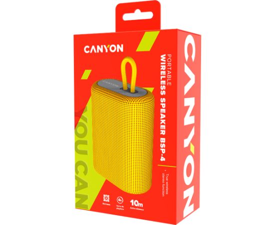 CANYON BSP-4, Bluetooth Speaker, BT V5.0, BLUETRUM AB5365A, TF card support, Type-C USB port, 1200mAh polymer battery, Yellow, cable length 0.42m, 114*93*51mm, 0.29kg