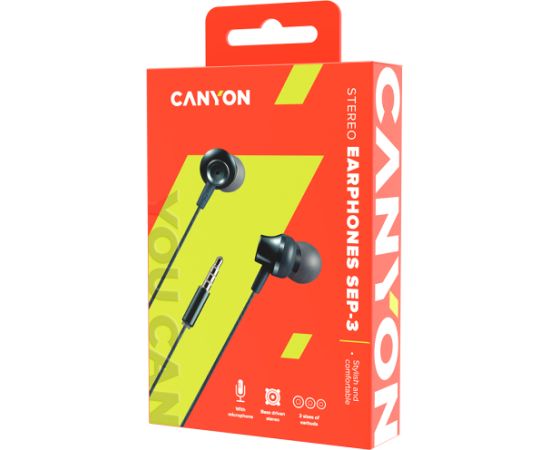 CANYON SEP-3, Stereo earphones with microphone, metallic shell, cable length 1.2m, Dark Gray, 22*12.6mm, 0.012kg