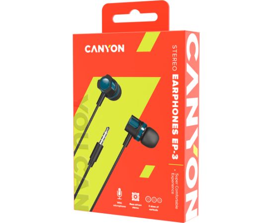 CANYON EP-3, Stereo earphones with microphone, Green, cable length 1.2m, 21.5*12mm, 0.011kg