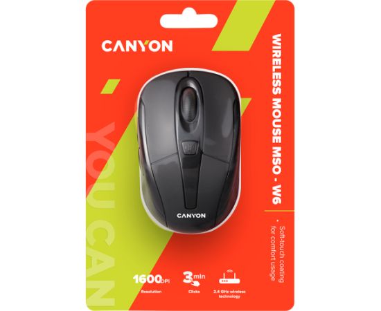 CANYON MSO-W6, 2.4GHz wireless optical mouse with 6 buttons, DPI 800/1200/1600, Black, 92*55*35mm, 0.054kg