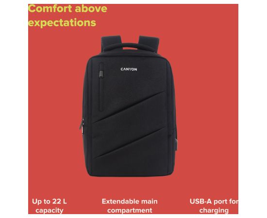 CANYON BPE-5, Laptop backpack for 15.6 inch, Product spec/size(mm): 400MM x300MM x 120MM(+60MM), Red, EXTERIOR materials:100% Polyester, Inner materials:100% Polyestermax weight (KGS): 12kgs