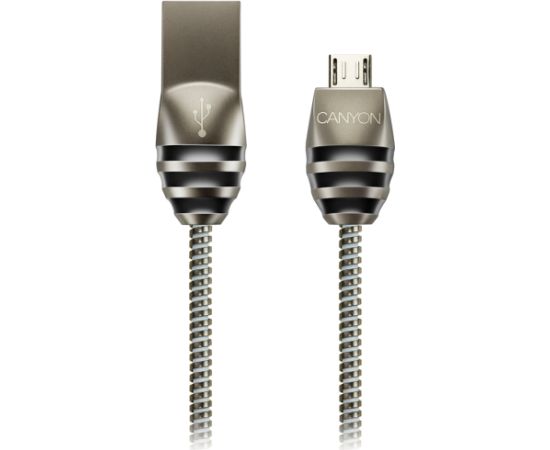 CANYON UM-5, Micro USB 2.0 standard cable, Power & Data output, 5V 2A, OD 3.5mm, metallic Jacket, 1m, gun color, 0.04kg