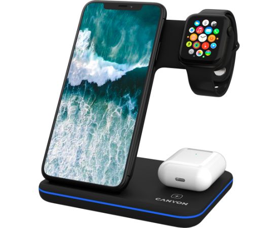 CANYON WS-303, 3in1 Wireless charger, with touch button for Running water light, Input 9V/2A, 12V/2A, Output 15W/10W/7.5W/5W, Type c to USB-A cable length 1.2m, 137*103*140mm, 0.195Kg, Black