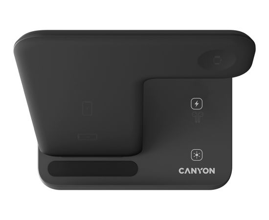 CANYON WS-303, 3in1 Wireless charger, with touch button for Running water light, Input 9V/2A, 12V/2A, Output 15W/10W/7.5W/5W, Type c to USB-A cable length 1.2m, 137*103*140mm, 0.195Kg, Black