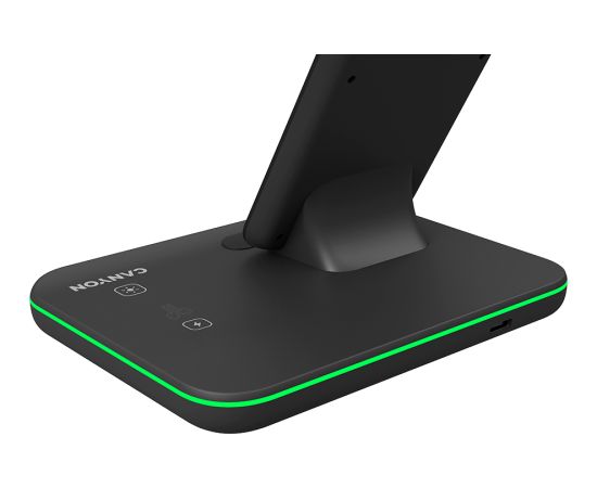 CANYON WS-303, 3in1 Wireless charger, with touch button for Running water light, Input 9V/2A, 12V/2A, Output 15W/10W/7.5W/5W, Type c to USB-A cable length 1.2m, 137*103*140mm, 0.195Kg, Black