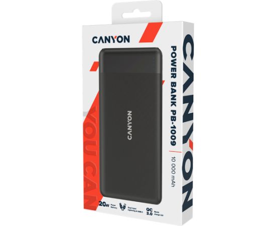 CANYON PB-109, Power bank 10000mAh Li-poly battery, Input Lightning &Type C  : 5V/2A, 9V/2A PD 18W(Max), Output Type C 5V/3A,9V/2.2A,12V/1.5A 20W,  Output USB A:5V3A,9V2A,12V1.5A,18W quick charging cable 0.3m, 144*68*16mm, 0.24kg, Black