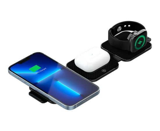 CANYON WS-305, Foldable 3in1 Wireless charger with case, touch button for Running water light, Input 9V/2A,  12V/1.5AOutput 15W/10W/7.5W/5W, Type c to USB-A cable length 1.2m, with charger QC 18W EU plug, Fold size: 97.8*72.4*25.2mm. Unfold size: 272