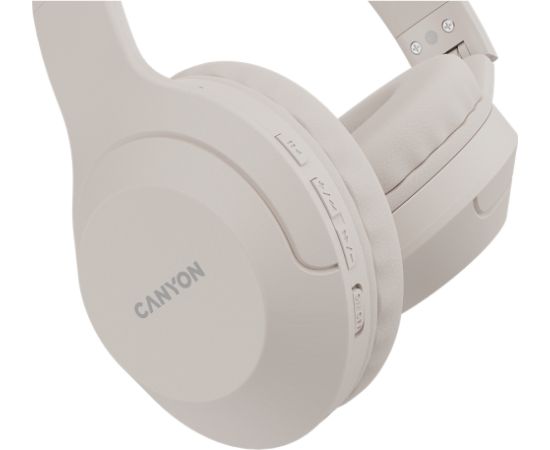 CANYON BTHS-3, Bluetooth headset,with microphone, BT V5.1 JL6956, battery 300mAh, Type-C charging plug, PU material, size:168*190*78mm, charging cable 30cm and audio cable 100cm, Beige