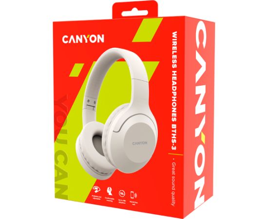 CANYON BTHS-3, Bluetooth headset,with microphone, BT V5.1 JL6956, battery 300mAh, Type-C charging plug, PU material, size:168*190*78mm, charging cable 30cm and audio cable 100cm, Beige