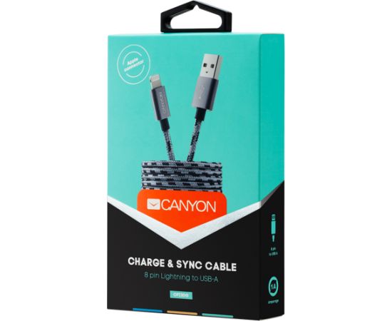 CANYON CFI-3 Lightning USB Cable for Apple, braided, metallic shell, cable length 1m, Dark gray, 14.9*6.8*1000mm, 0.02kg