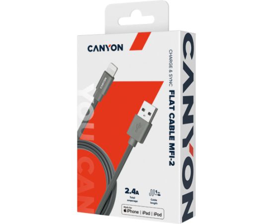 CANYON MFI-2, Charge & Sync MFI flat cable, USB to lightning, certified by Apple, 1m, 0.28mm, Dark gray