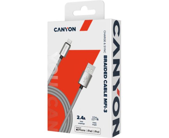 CANYON MFI-3, Charge & Sync MFI braided cable with metalic shell, USB to lightning, certified by Apple, 1m, 0.28mm, Dark gray