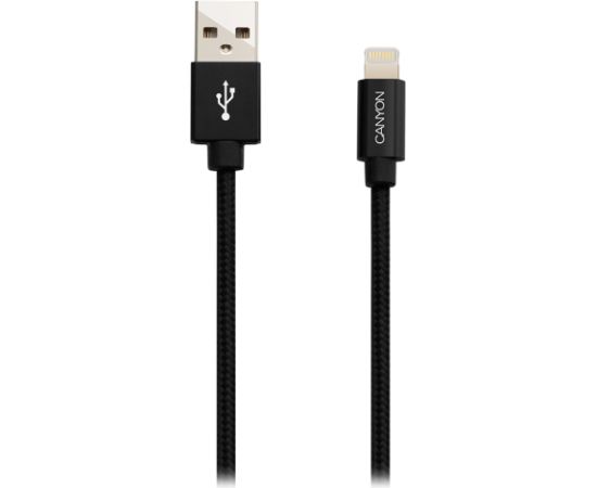 CANYON MFI-3, Charge & Sync MFI braided cable with metalic shell, USB to lightning, certified by Apple, cable length 1m, OD2.8mm, Black