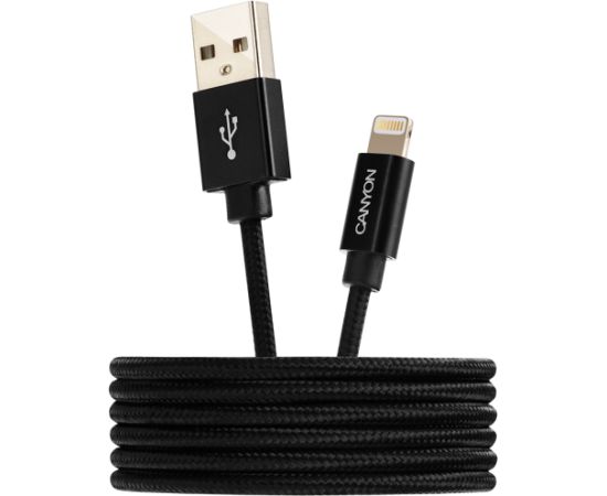 CANYON MFI-3, Charge & Sync MFI braided cable with metalic shell, USB to lightning, certified by Apple, cable length 1m, OD2.8mm, Black