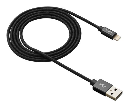 CANYON MFI-3, Charge & Sync MFI braided cable with metalic shell, USB to lightning, certified by Apple, cable length 1m, OD2.8mm, Black