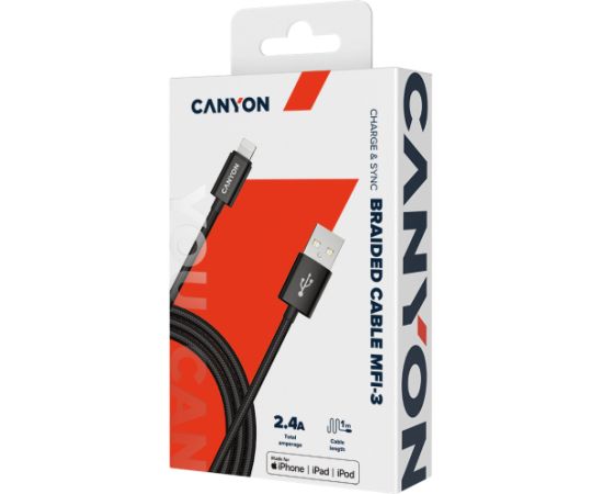 CANYON MFI-3, Charge & Sync MFI braided cable with metalic shell, USB to lightning, certified by Apple, cable length 1m, OD2.8mm, Black