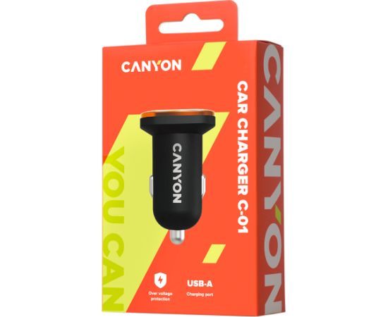 CANYON C-01, Universal 1xUSB car adapter, Input 12V-24V, Output 5V-1A, black rubber coating with orange electroplated ring(without LED backlighting), 51.8*31.2*26.2mm, 0.016kg