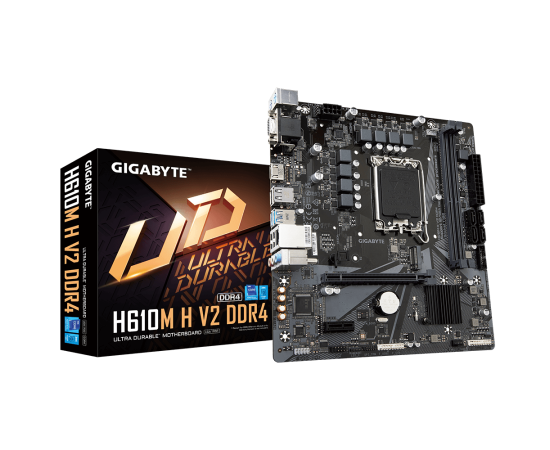 Mainboard|GIGABYTE|Intel H610|LGA1700|Micro-ATX|Memory DDR4|Memory slots 2|1xPCI-Express 3.0 1x|1xPCI-Express 4.0 16x|1xM.2|1x15pin D-sub|1xHDMI|4xUSB 2.0|2xUSB 3.2|2xPS/2|1xRJ45|3xAudio port|H610MHV2DDR4