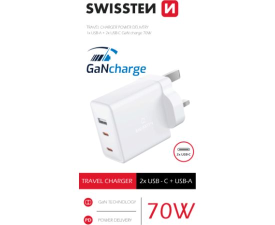 Swissten GaN Tīkla Lādētājs 2x USB-C / USB priekš UK kontaktligzdas 70W