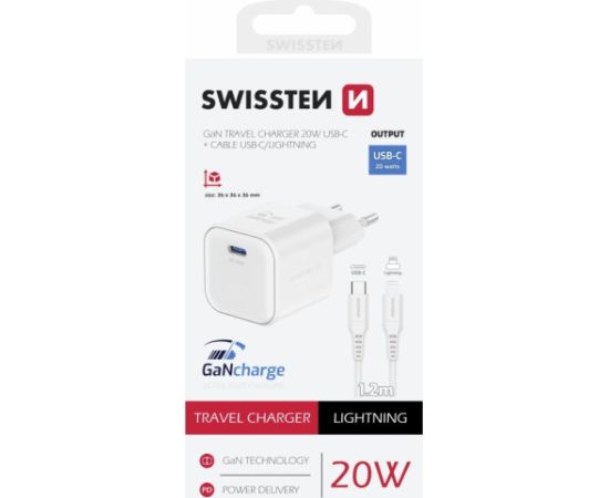 Swissten 3арядное устройство GaN USB-C 20W PD + Kабель для передачи данных USB-C - Lightning 1.2m