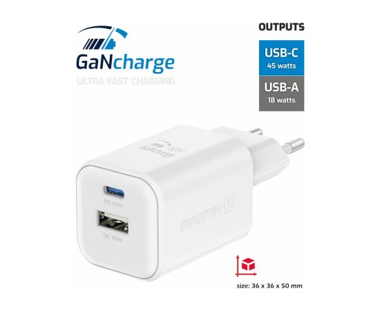 Swissten Travel 3арядное устройство GaN USB-C / PD USB-A / 18W QC / 45W