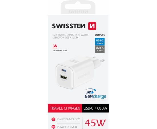 Swissten Travel 3арядное устройство GaN USB-C / PD USB-A / 18W QC / 45W