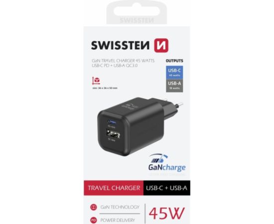 Swissten Travel 3арядное устройство GaN USB-C / PD USB-A / 18W QC / 45W