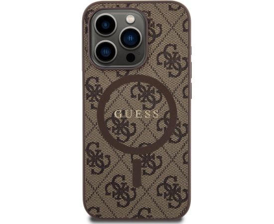 Guess PU Leather 4G Colored Ring MagSafe Case for iPhone 15 Pro Brown