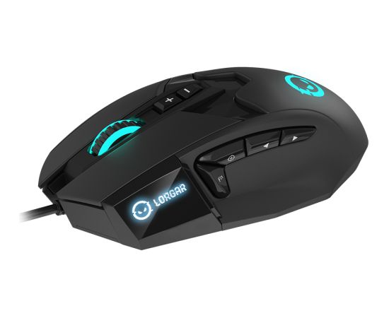 LORGAR Stricter 579, gaming mouse, 9 programmable buttons, Pixart PMW3336 sensor, DPI up to 12 000, 50 million clicks buttons lifespan, 2 switches, built-in display, 1.8m USB soft silicone cable, Matt UV coating with glossy parts and RGB lights with 4 LED