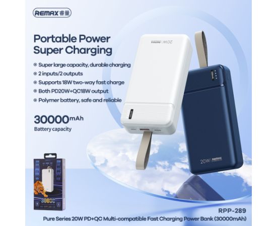 REMAX Power Bank 30000mAh RPP-289 Pure - USB + C tipa - PD 20W QC 18W zils