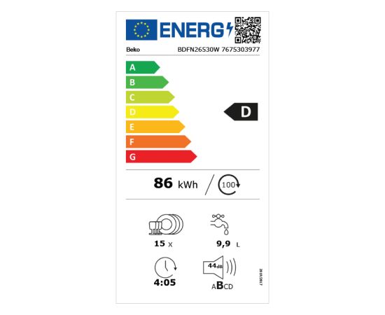 BEKO BDFN26530W Trauku mašīna, 60cm SelfDry Balta