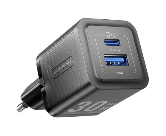 Wall charger, Vention, FEQB0-EU,  USB-C, USB- A, 30W/30W, GaN (black)