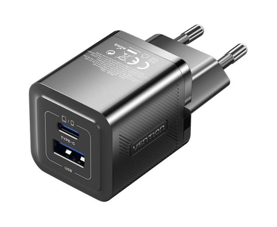 Wall charger, Vention, FEQB0-EU,  USB-C, USB- A, 30W/30W, GaN (black)