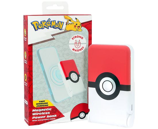 Magnetic powerbank OTL 5000 mAh, USB-C 15W, Pokemon Pokeball with stand (red-white)