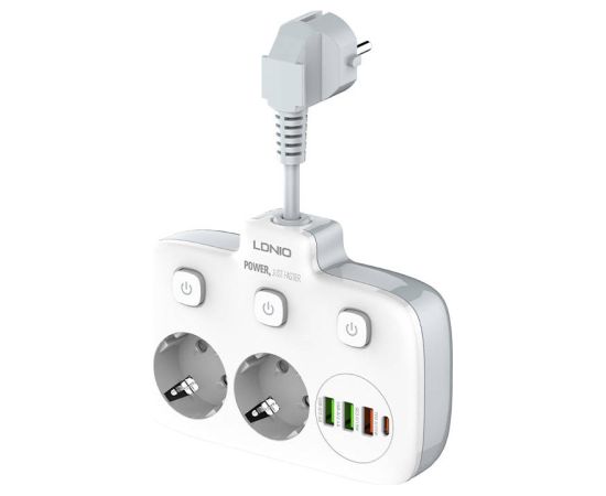 Power strip with 2 AC sockets, 3x USB, USB-C, LDNIO SE2435, 2500W (white)