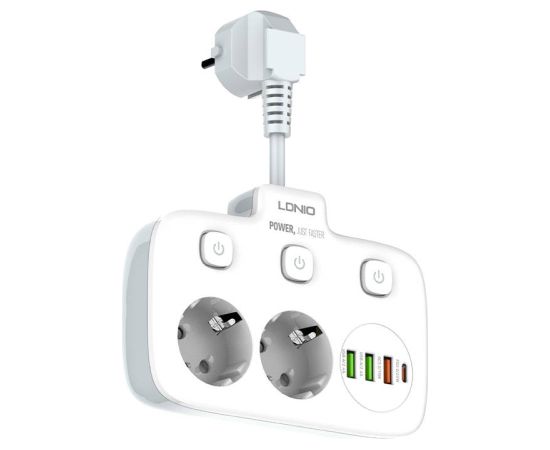 Power strip with 2 AC sockets, 3x USB, USB-C, LDNIO SE2435, 2500W (white)