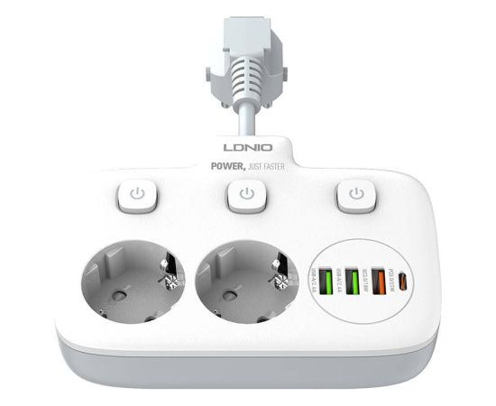 Power strip with 2 AC sockets, 3x USB, USB-C, LDNIO SE2435, 2500W (white)