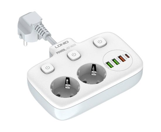 Power strip with 2 AC sockets, 3x USB, USB-C, LDNIO SE2435, 2500W (white)