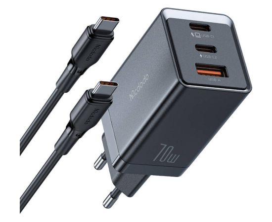 GaN Mcdodo CH-1543 network charger, 2x USB-C, 1x USB, 67W + USB-C to USB-C 2m cable (black)