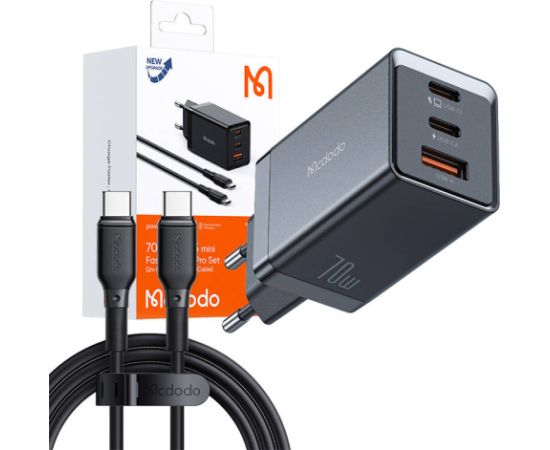 GaN Mcdodo CH-1543 network charger, 2x USB-C, 1x USB, 67W + USB-C to USB-C 2m cable (black)