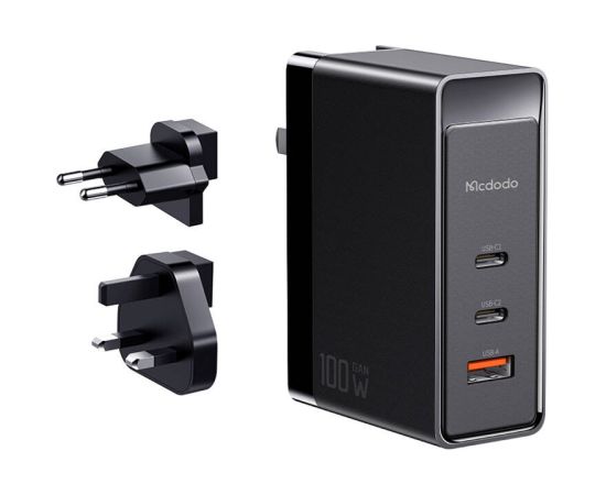 GaN Mcdodo CH-8101 Pro universal UK/US/EU travel charger/adapter, 100W, 2xUSB-C, USB-A (black)