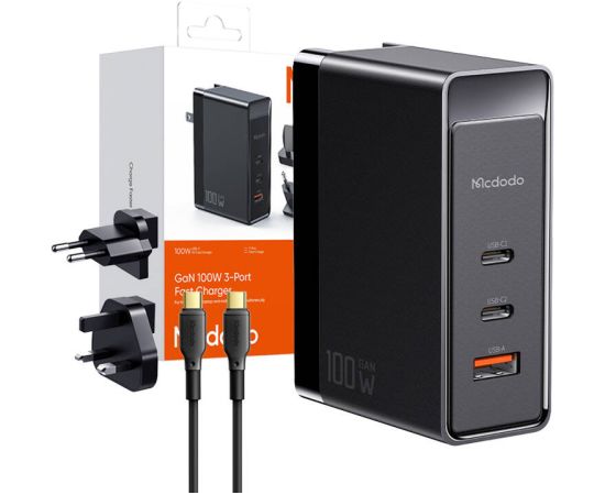 GaN Mcdodo CH-8101 Pro universal UK/US/EU travel charger/adapter, 100W, 2xUSB-C, USB-A (black)