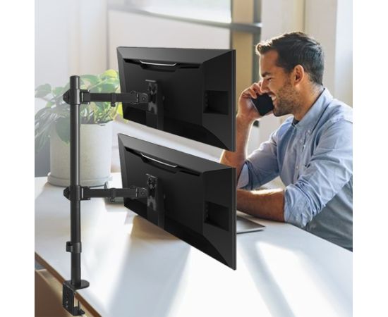 Maclean MC-967 Double Vertical Monitor Desk Mount Screen Holder max VESA 100x100, 13-27", 2x 9kg Powder Coated Tilting Rotating Adjustable