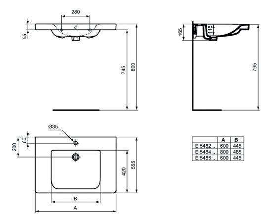 Ideal Standard Connect Freedom izlietne, 800x555x165mm (h), paredzēta cilvēkiem ar īpašām vajadzībām - gab.