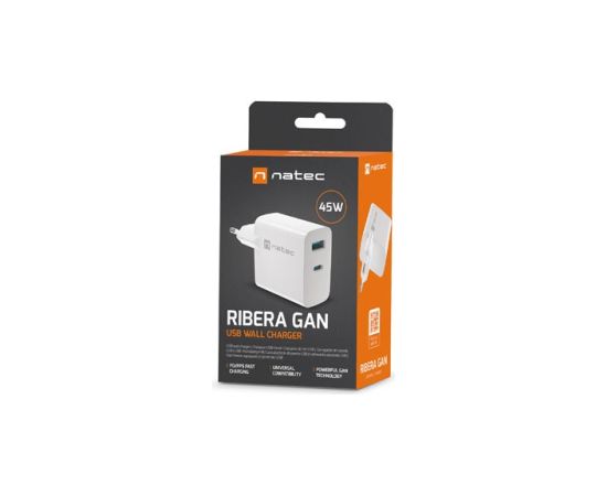 NATEC RIBERA GAN CHARGER 1X USB-A + 1X USB-C 45W WHITE