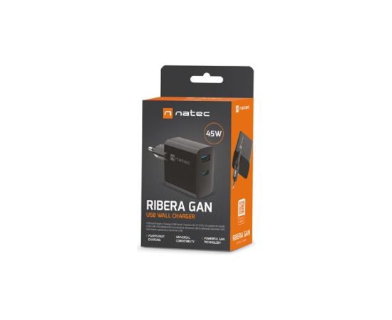 NATEC RIBERA GAN CHARGER 1x USB-A + 1x USB-C 45W BLACK