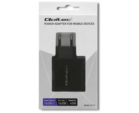 Qoltec 51717 Charger | 45W | 5-20V | 2.25-3A | USB type C PD | USB | Black