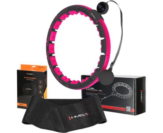 Vingrošanas rinķis ar atsvaru un skaitītāju SET HULA HOOP MAGNETIC BLACK/PINK HHM16 WITH WEIGHT + COUNTER HMS + WAIST SUPPORT BR163 BLACK